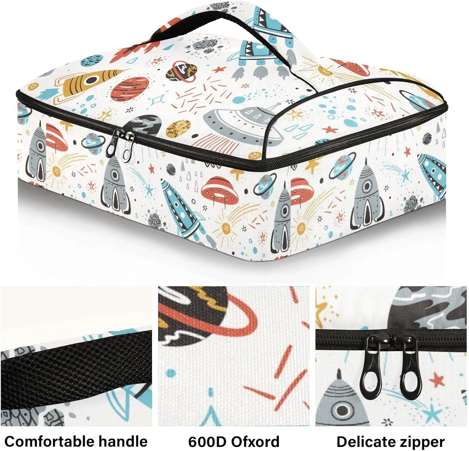 Colorful Rockets, Planets, Stars, Comets Seamles on White Leakproof Casserole Dish Carrier Bag with Lid, Warmer Insulated Tote Holder for Hot/Cold Food Party Picnic Lasagna Beach