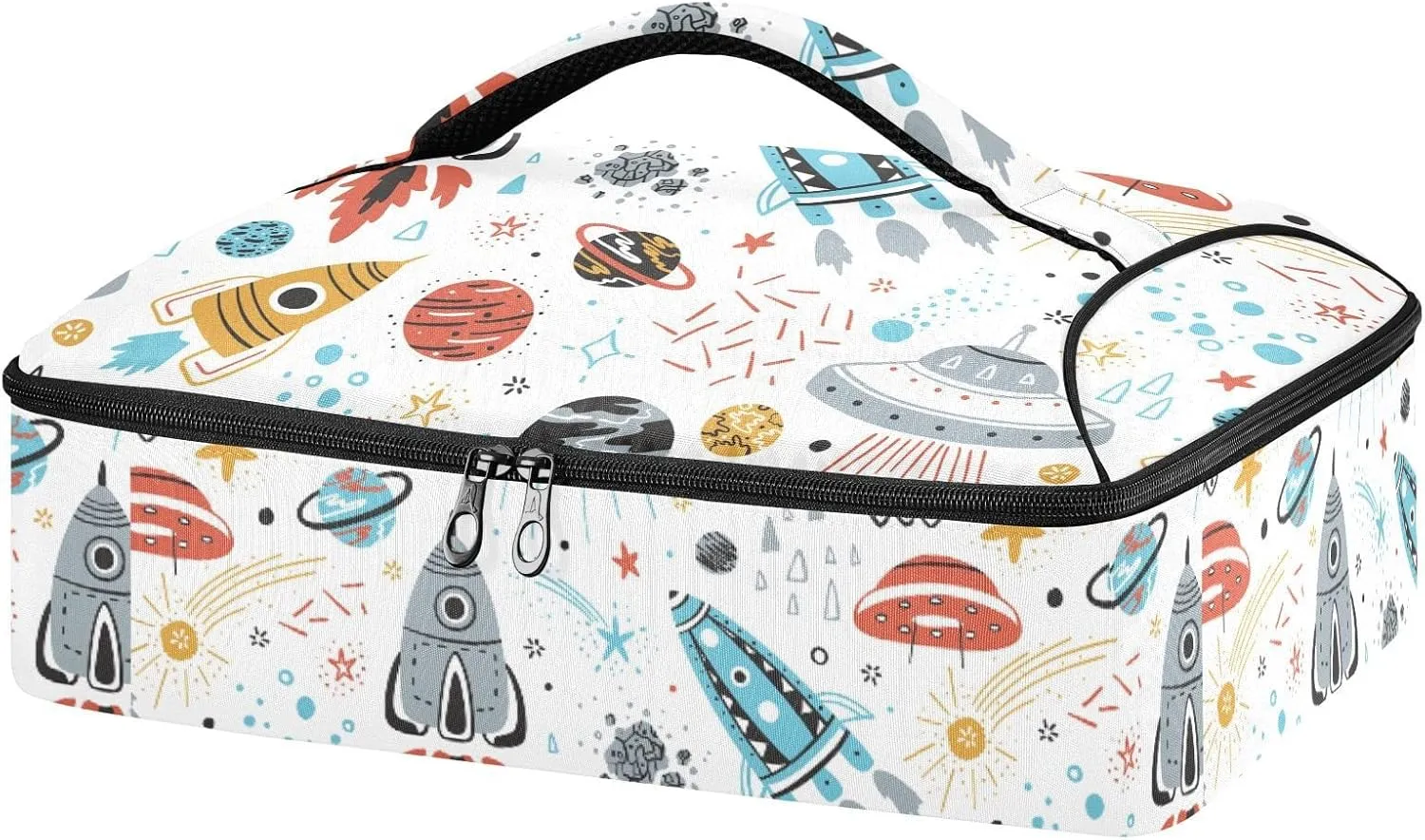 Colorful Rockets, Planets, Stars, Comets Seamles on White Leakproof Casserole Dish Carrier Bag with Lid, Warmer Insulated Tote Holder for Hot/Cold Food Party Picnic Lasagna Beach