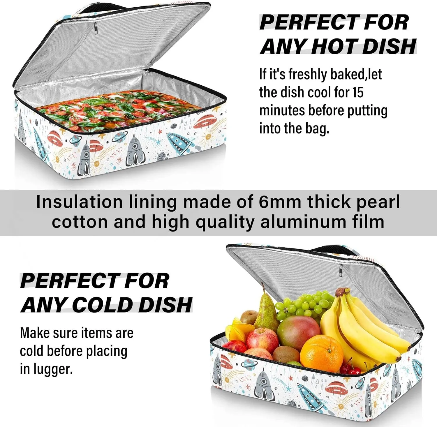 Colorful Rockets, Planets, Stars, Comets Seamles on White Leakproof Casserole Dish Carrier Bag with Lid, Warmer Insulated Tote Holder for Hot/Cold Food Party Picnic Lasagna Beach