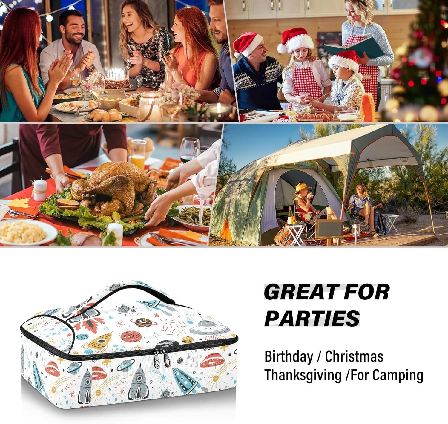 Colorful Rockets, Planets, Stars, Comets Seamles on White Leakproof Casserole Dish Carrier Bag with Lid, Warmer Insulated Tote Holder for Hot/Cold Food Party Picnic Lasagna Beach