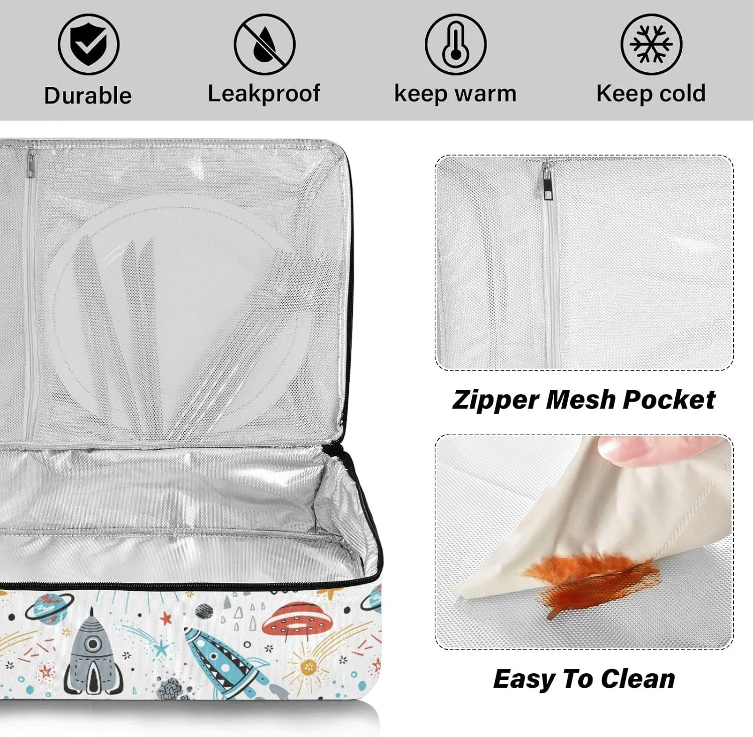 Colorful Rockets, Planets, Stars, Comets Seamles on White Leakproof Casserole Dish Carrier Bag with Lid, Warmer Insulated Tote Holder for Hot/Cold Food Party Picnic Lasagna Beach