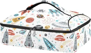Colorful Rockets, Planets, Stars, Comets Seamles on White Leakproof Casserole Dish Carrier Bag with Lid, Warmer Insulated Tote Holder for Hot/Cold Food Party Picnic Lasagna Beach