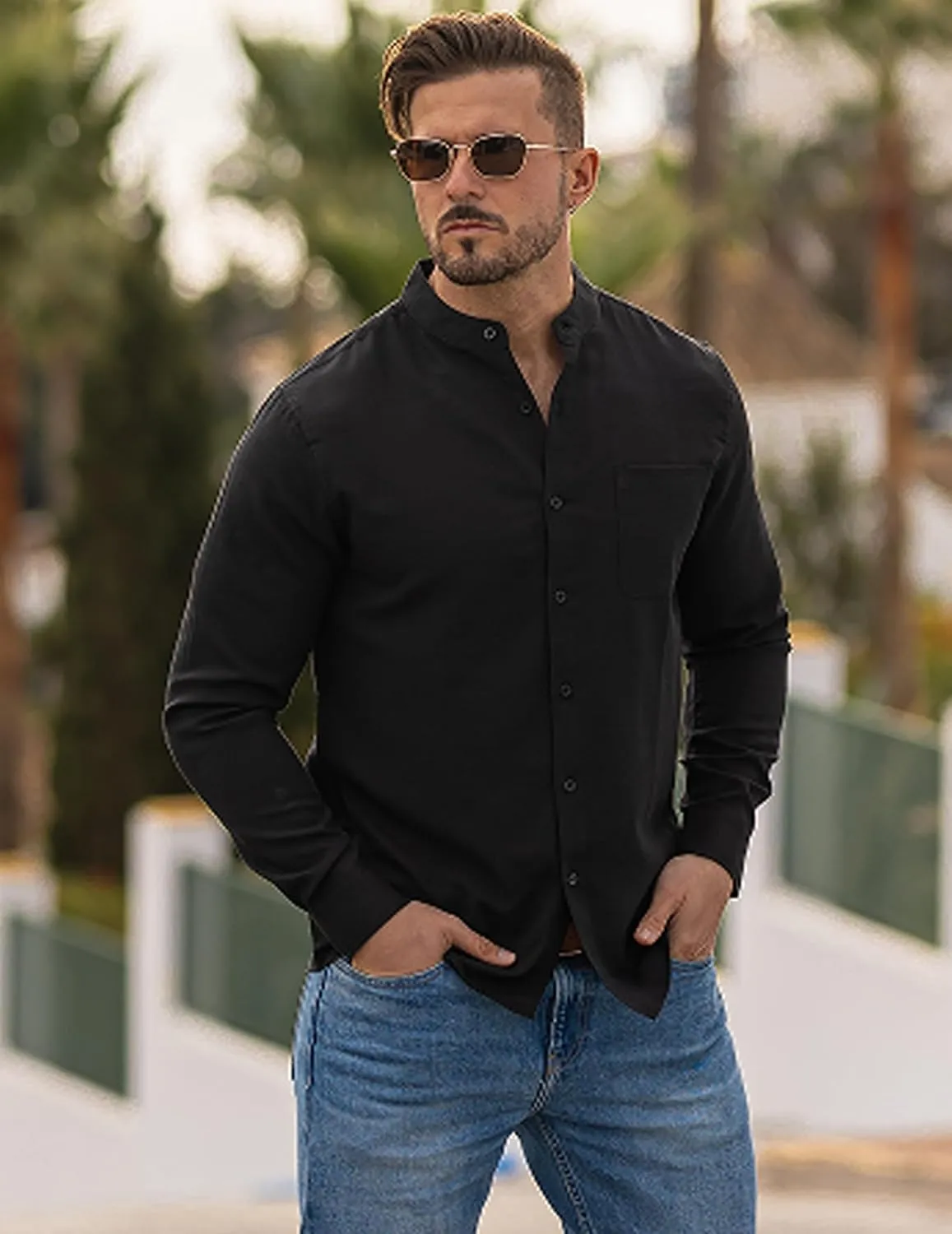 COOFANDY Men's Long Sleeve Linen Shirt Band Collar Button Down Shirts Oxford Dress Shirt