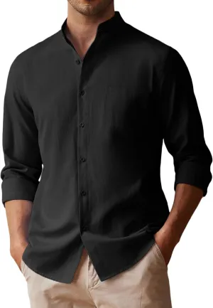 COOFANDY Men's Long Sleeve Linen Shirt Band Collar Button Down Shirts Oxford Dress Shirt