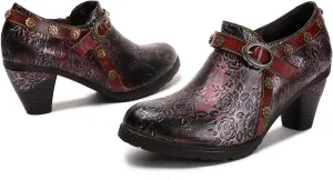 CrazycatZ Leather Pumps,Womens Colorful Vintage Block Heel Floral Oxford Shoes