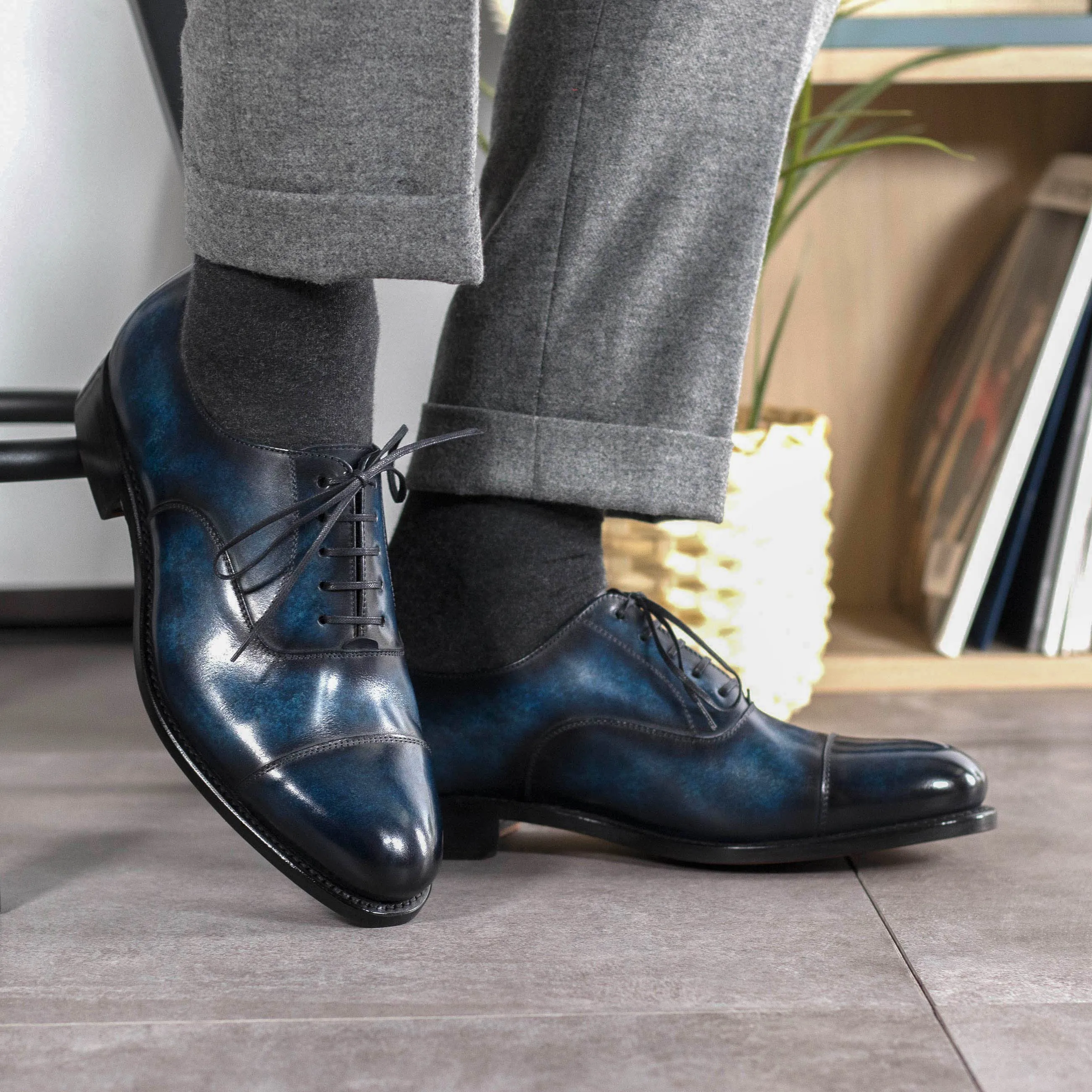 DapperFam Rafael in Denim Men's Hand-Painted Patina Oxford