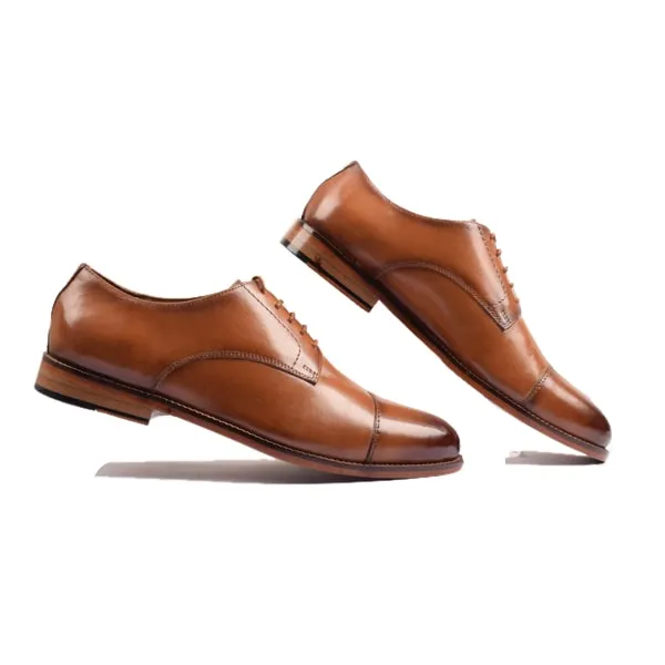 Derby Blucher Captoe Brown Hand-Colored Leather Shoes