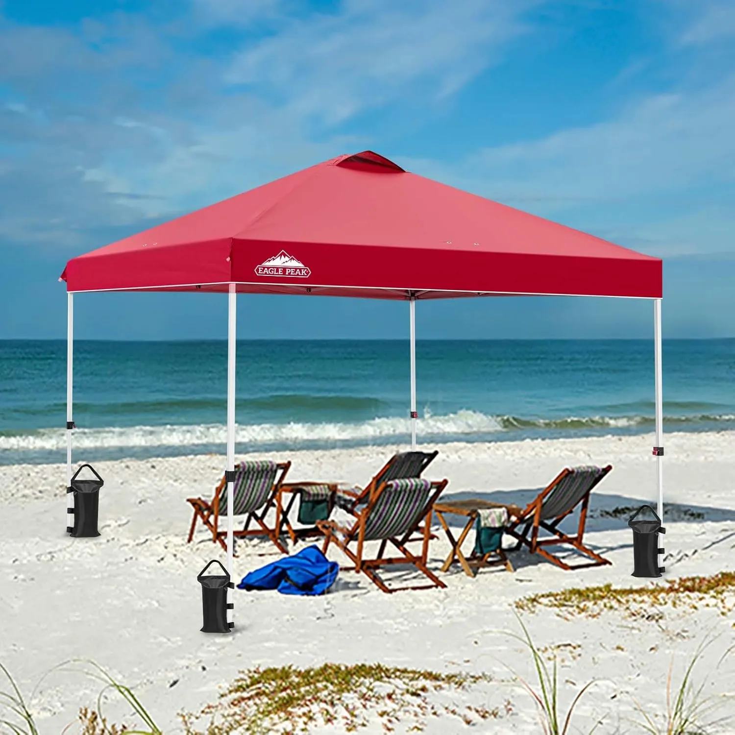 EAGLE PEAK Pop Up Canopy Tent with Wheeled Carry Bag, 8 Stakes, 4 Ropes, 4 Weight Bags, Easy Set Up Tent Canopy, 10x10 ft, 100sqft of Shade, Red