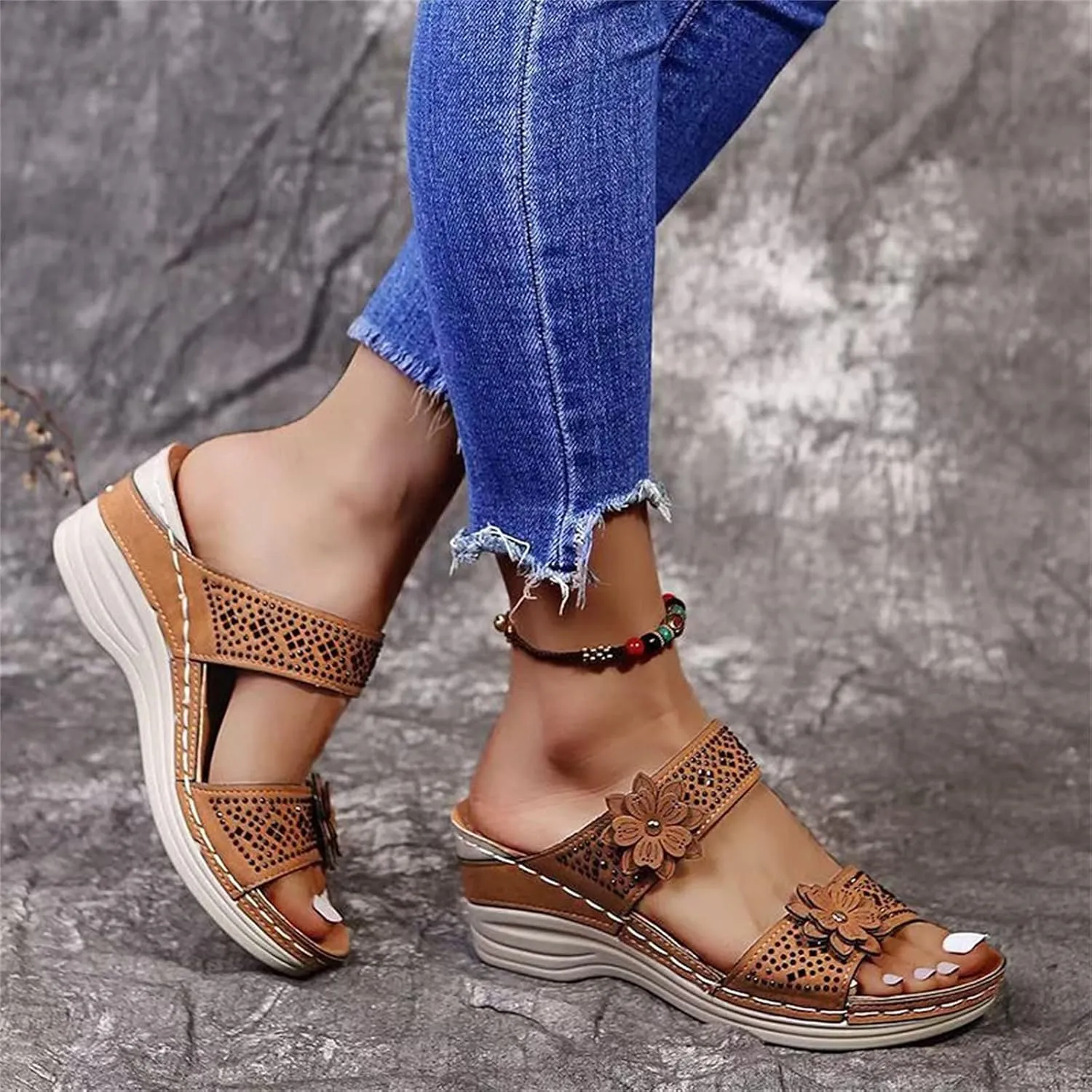 Eduavar Wedge Sandals for Women, Sandals for Women Dressy Summer Beach Sandals Lace Trim Ring Toe Floral Flat Sandal