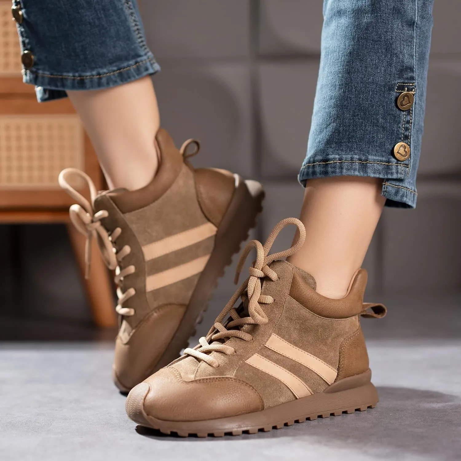 Fashion Sneakers for Women, Lace Up Walking Shoes Genuine Leather Patchwork, High Top Oxford Rubber Comfortable Durable Non-Slip Men Unisex