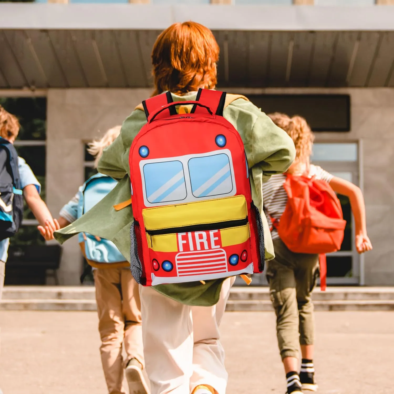 Firetruck Cartoon Backpack Fun and Functional Backpack for School Work and Travel 17 Inch (red)