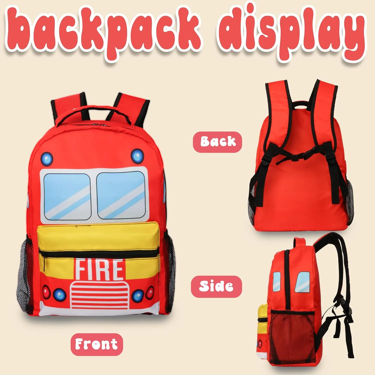 Firetruck Cartoon Backpack Fun and Functional Backpack for School Work and Travel 17 Inch (red)