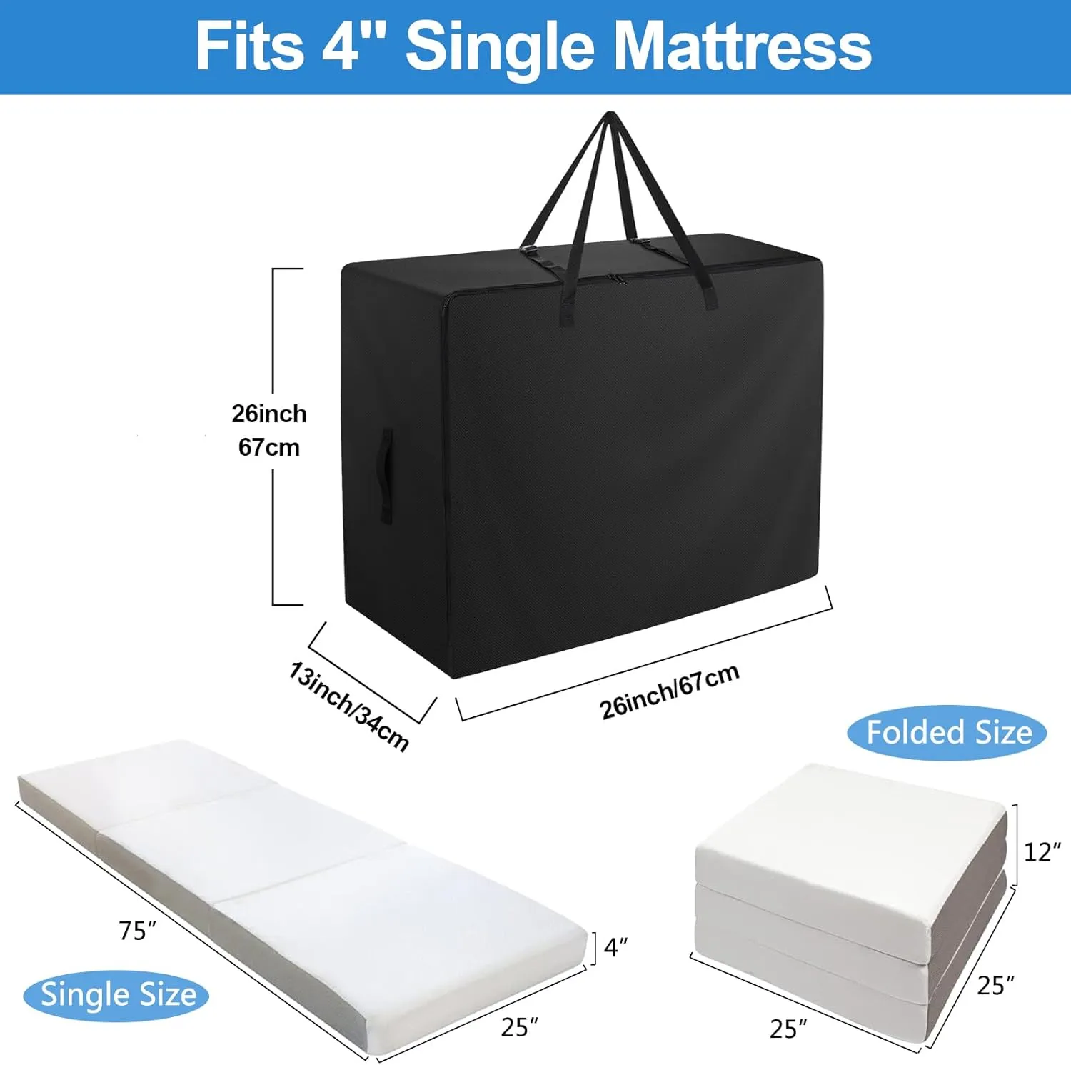 Folding Mattress Bag - 600D Oxford Cloth Heavy Duty Carry Case for Tri-Fold Guest Bed Mattress (Fits 4" Single Mattress, Black)