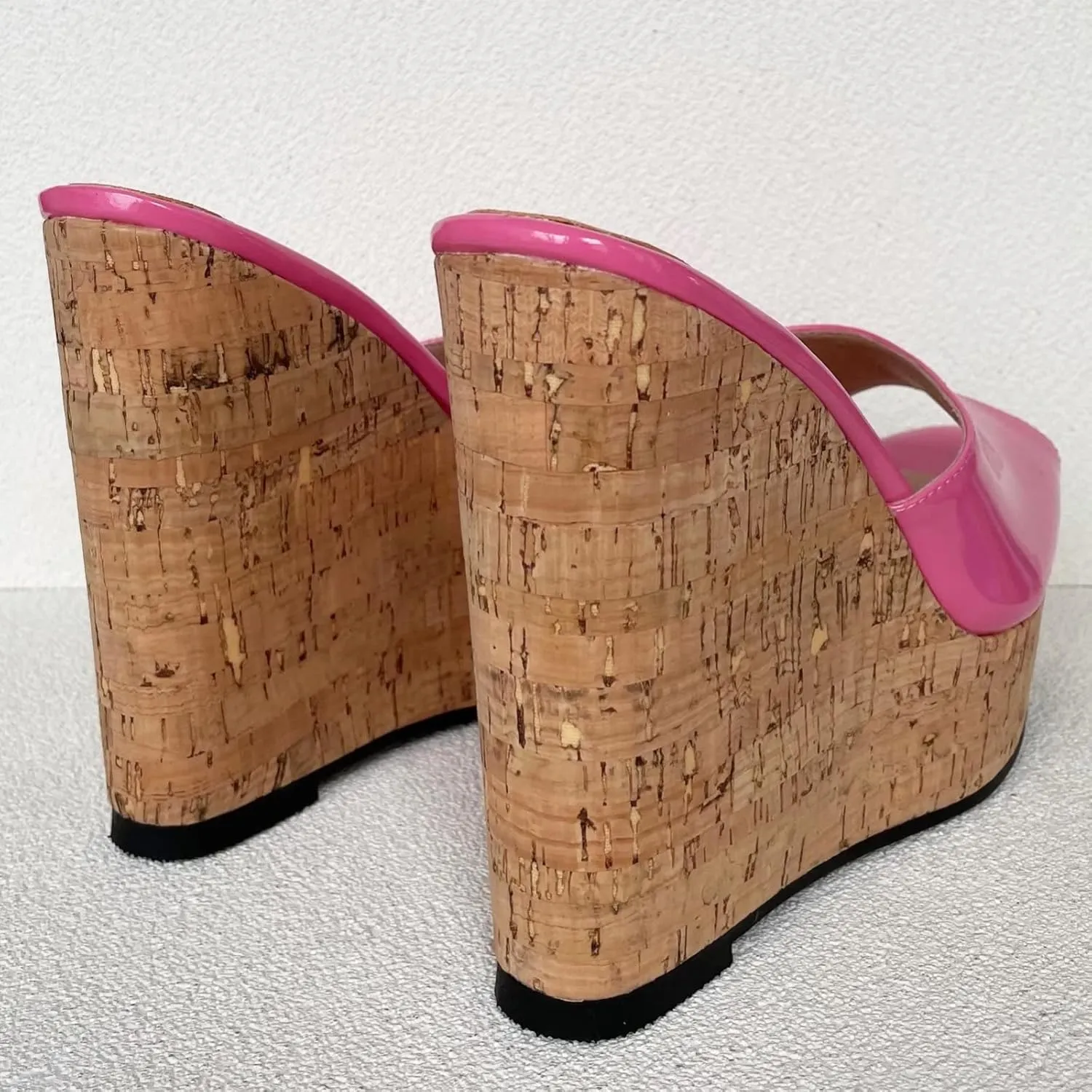 Frankie Hsu Sexy Slip On Platform Wedge Sandal, Stylish Pink Faux Patent High heeled Oak Wood Thick Style, Fashion Large Big Size Unisex Wide Strap Shoes For Women Men