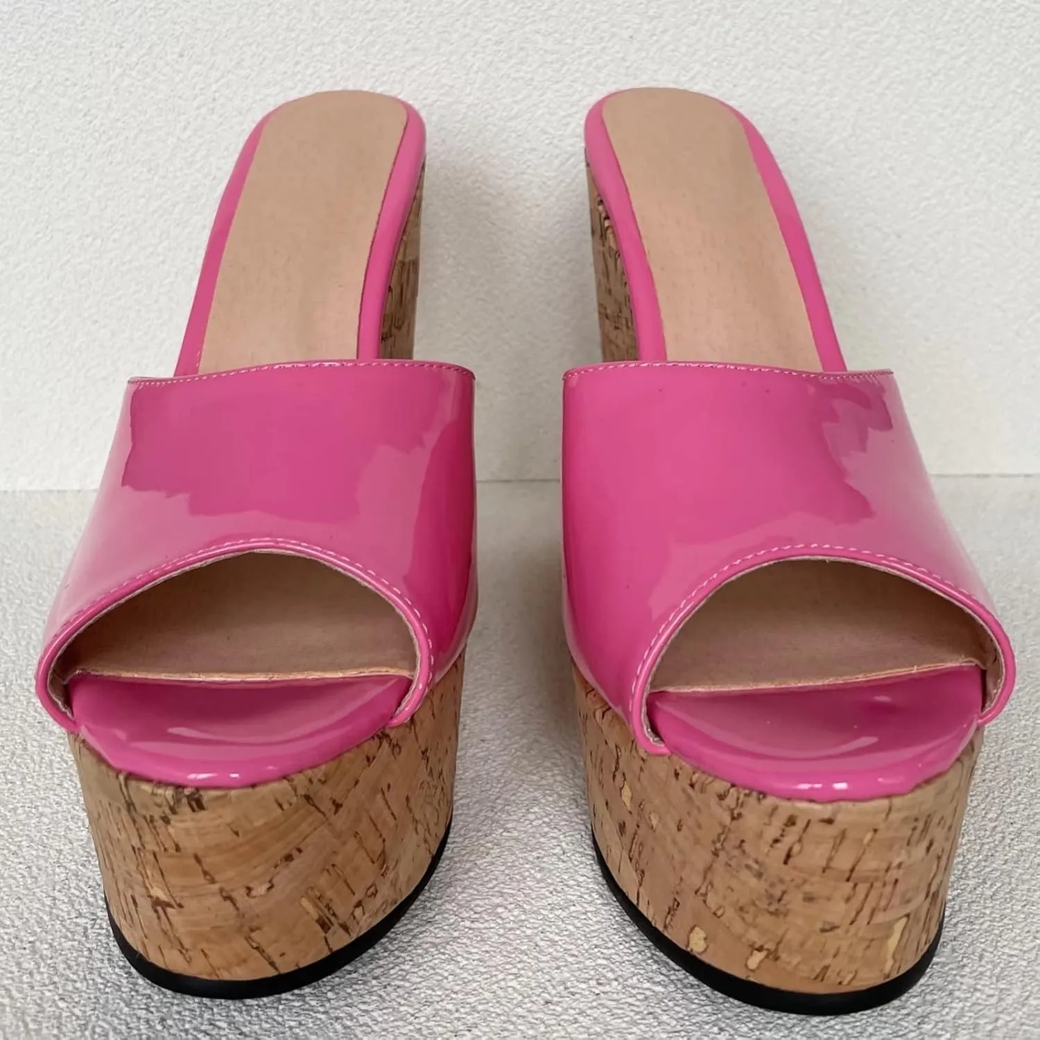 Frankie Hsu Sexy Slip On Platform Wedge Sandal, Stylish Pink Faux Patent High heeled Oak Wood Thick Style, Fashion Large Big Size Unisex Wide Strap Shoes For Women Men