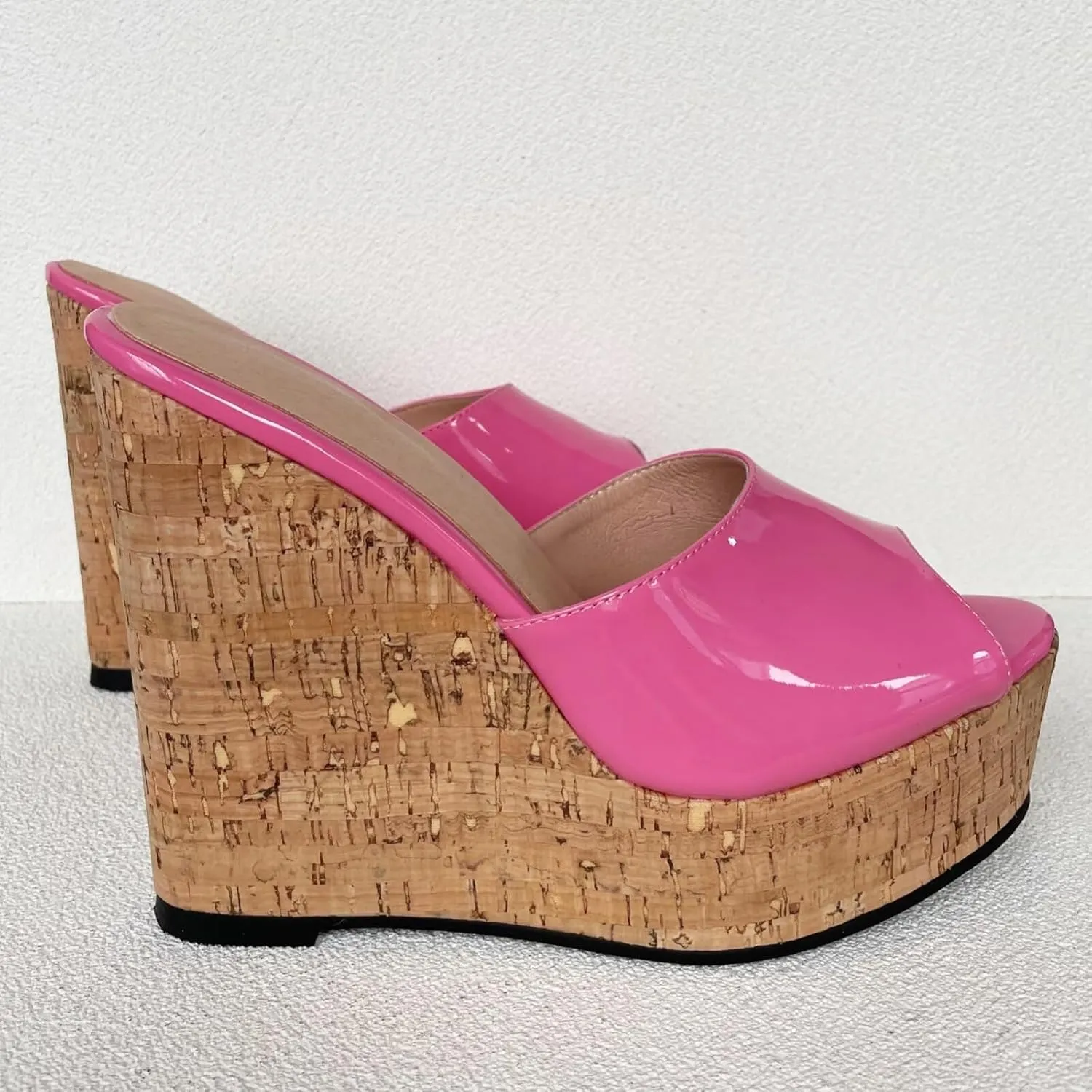 Frankie Hsu Sexy Slip On Platform Wedge Sandal, Stylish Pink Faux Patent High heeled Oak Wood Thick Style, Fashion Large Big Size Unisex Wide Strap Shoes For Women Men