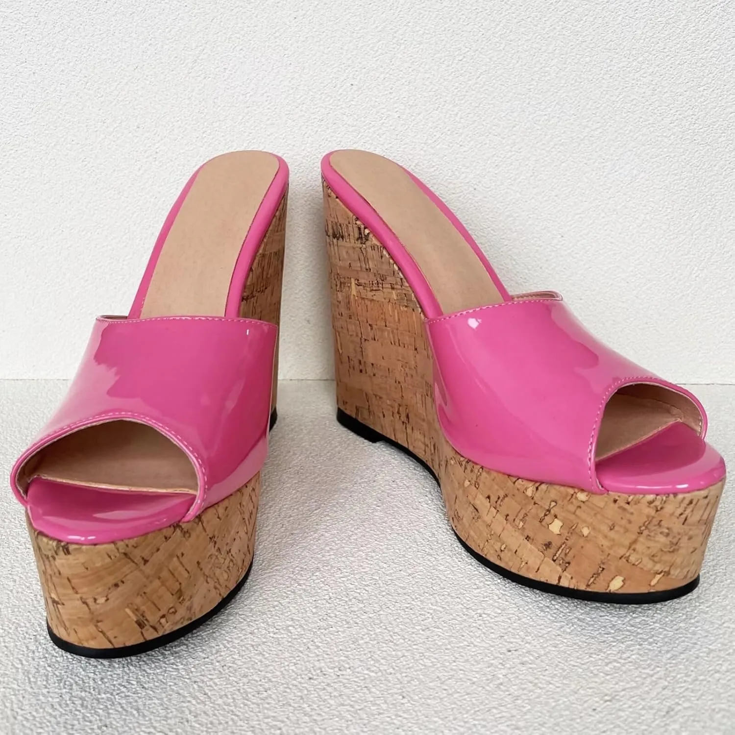Frankie Hsu Sexy Slip On Platform Wedge Sandal, Stylish Pink Faux Patent High heeled Oak Wood Thick Style, Fashion Large Big Size Unisex Wide Strap Shoes For Women Men