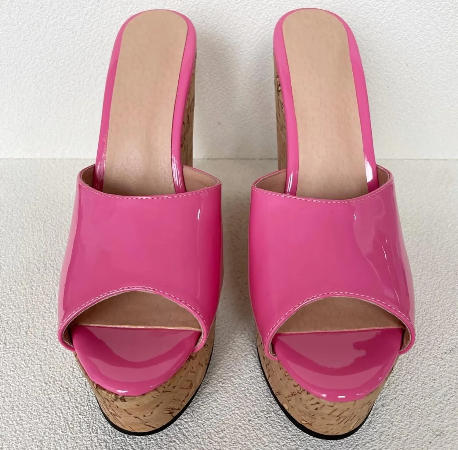 Frankie Hsu Sexy Slip On Platform Wedge Sandal, Stylish Pink Faux Patent High heeled Oak Wood Thick Style, Fashion Large Big Size Unisex Wide Strap Shoes For Women Men