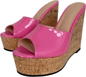 Frankie Hsu Sexy Slip On Platform Wedge Sandal, Stylish Pink Faux Patent High heeled Oak Wood Thick Style, Fashion Large Big Size Unisex Wide Strap Shoes For Women Men