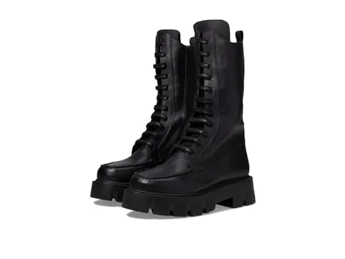 Free People Jones Lug Sole Lace-up Boots for Women - Leather Upper - Stitch Detailing - Mid-Calf Length Black EU 38 (US Women's 8) M