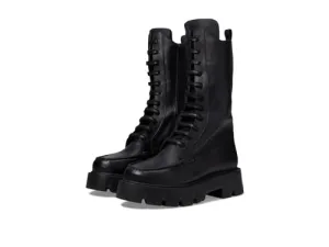 Free People Jones Lug Sole Lace-up Boots for Women - Leather Upper - Stitch Detailing - Mid-Calf Length Black EU 38 (US Women's 8) M