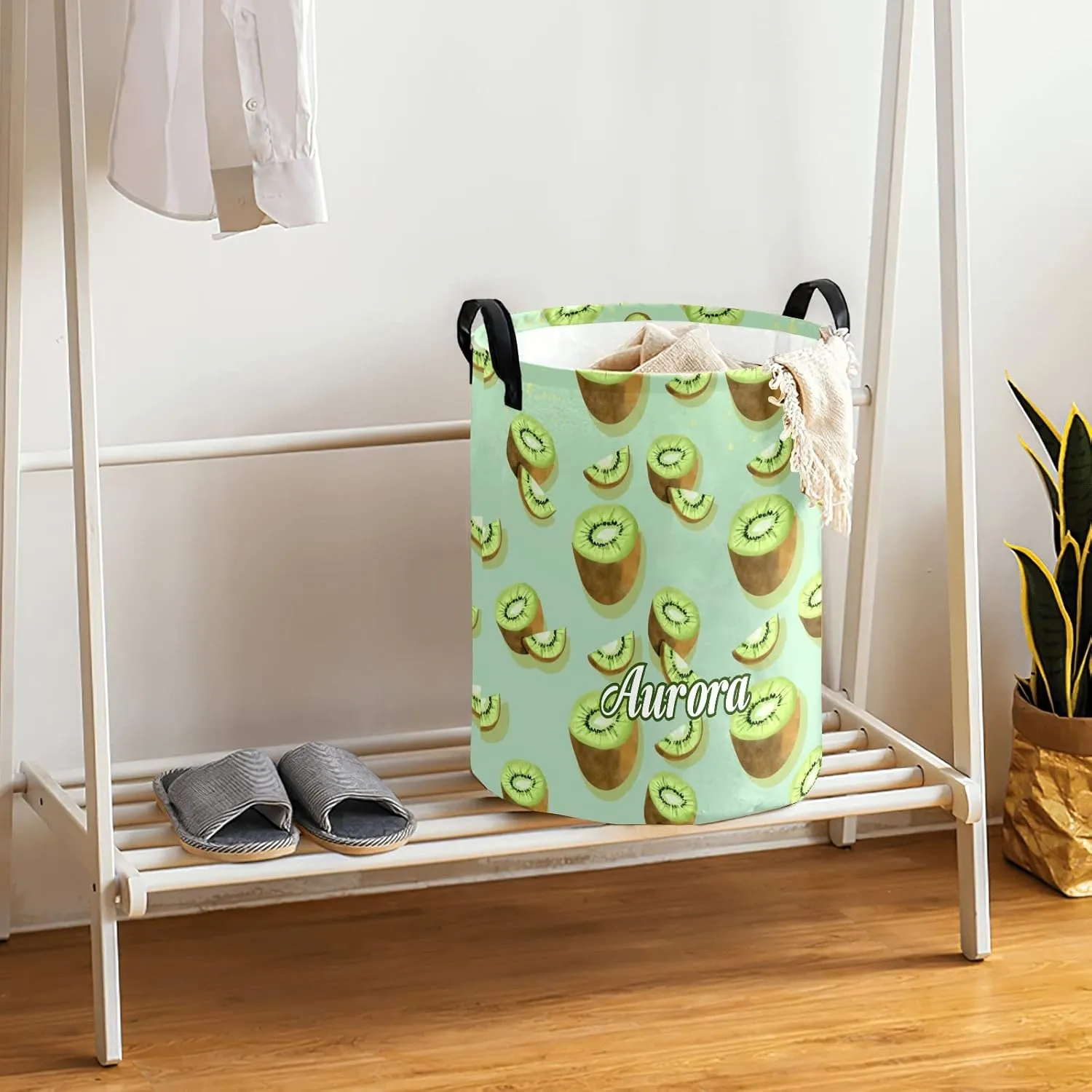 Fruit Kiwi Personalized Waterproof Foldable Laundry Basket Bag with Handle, Custom Collapsible Clothes Hamper Storage Bin for Toys Laundry Dorm Travel Bathroom