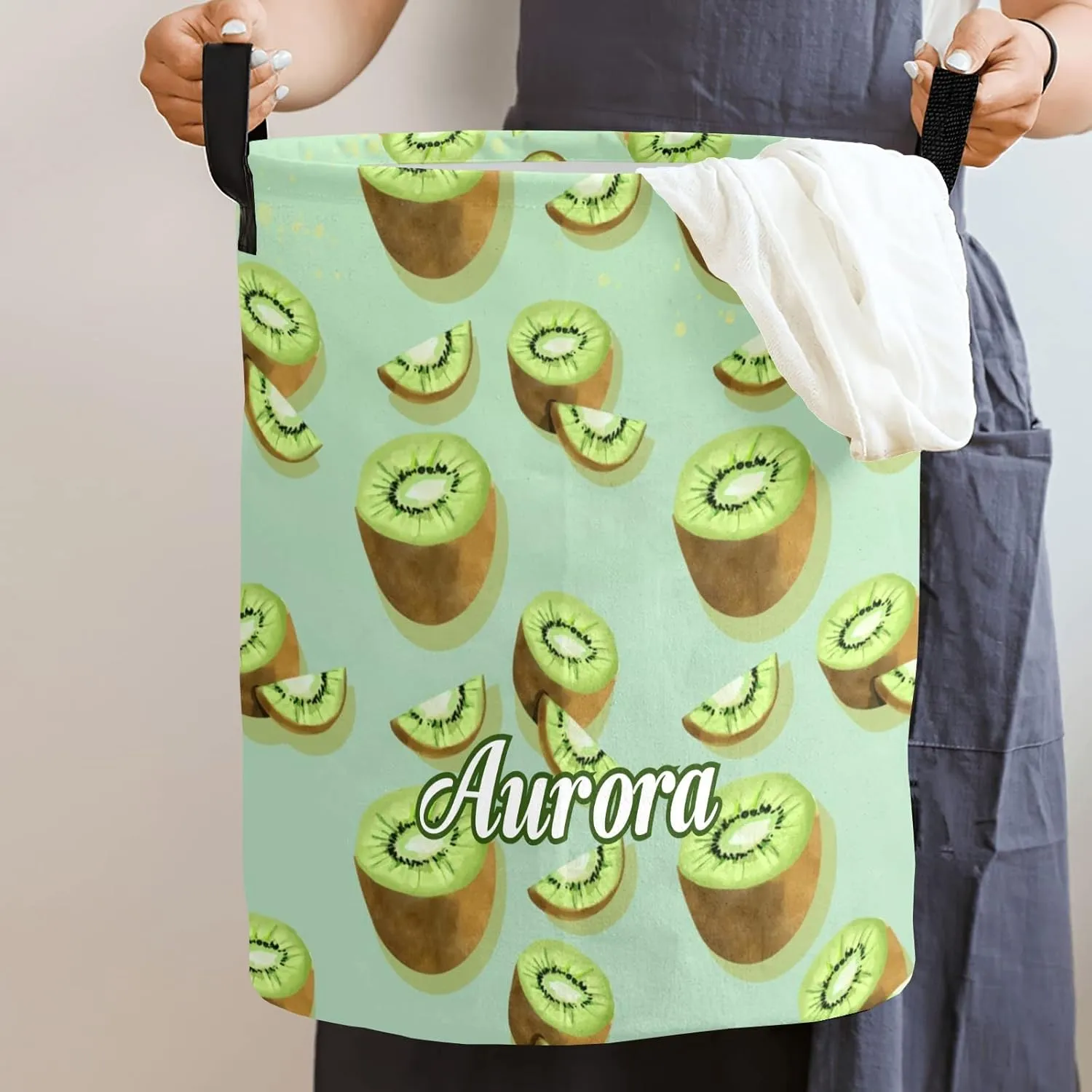 Fruit Kiwi Personalized Waterproof Foldable Laundry Basket Bag with Handle, Custom Collapsible Clothes Hamper Storage Bin for Toys Laundry Dorm Travel Bathroom