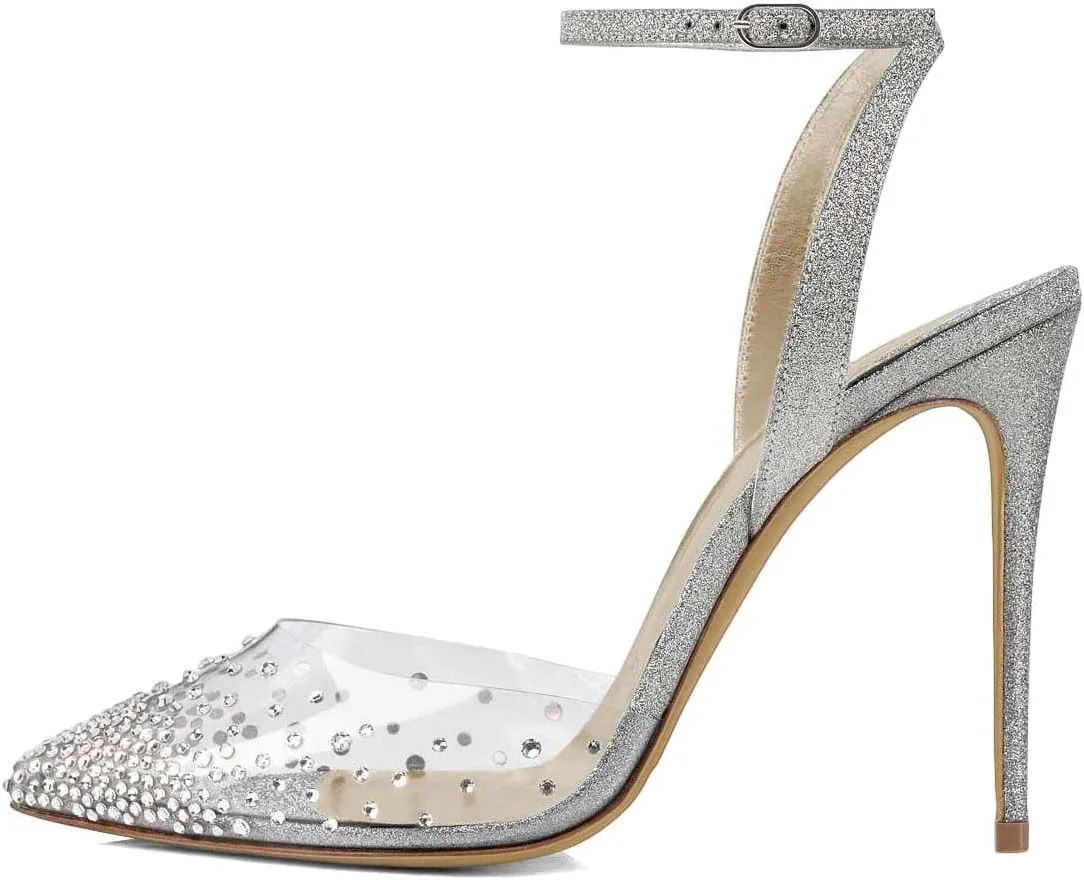 FSJ Women Pencil High Heel Spikes Studded Sandal Slip On D'Orsay Evening Pump Ankle Strap Clear Ballroom Dance Shoe Size 4-15 US
