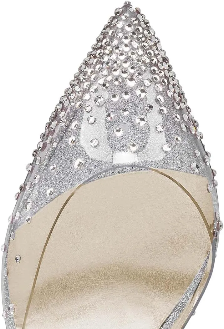 FSJ Women Pencil High Heel Spikes Studded Sandal Slip On D'Orsay Evening Pump Ankle Strap Clear Ballroom Dance Shoe Size 4-15 US