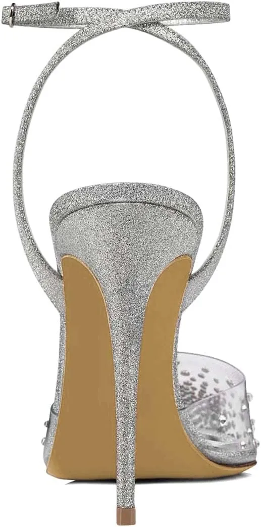 FSJ Women Pencil High Heel Spikes Studded Sandal Slip On D'Orsay Evening Pump Ankle Strap Clear Ballroom Dance Shoe Size 4-15 US