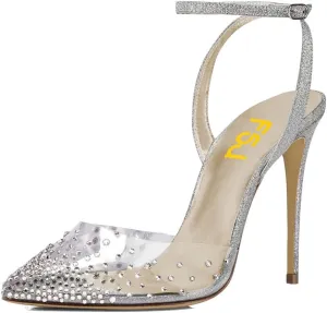 FSJ Women Pencil High Heel Spikes Studded Sandal Slip On D'Orsay Evening Pump Ankle Strap Clear Ballroom Dance Shoe Size 4-15 US