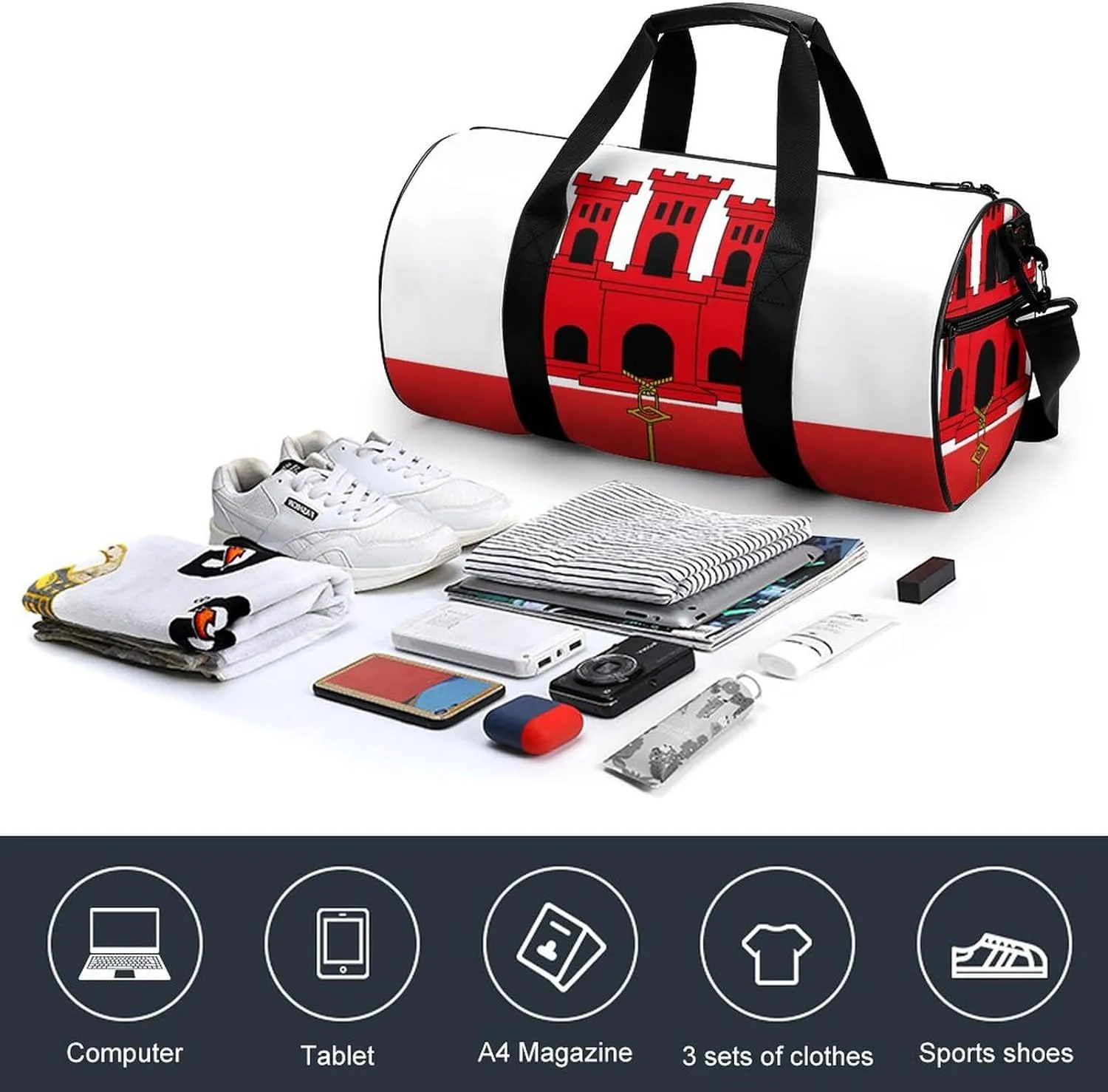 Gibraltar Flag Gym Bag with Wet Pocket Travel Duffel for Boys Girls Weekender Overnight