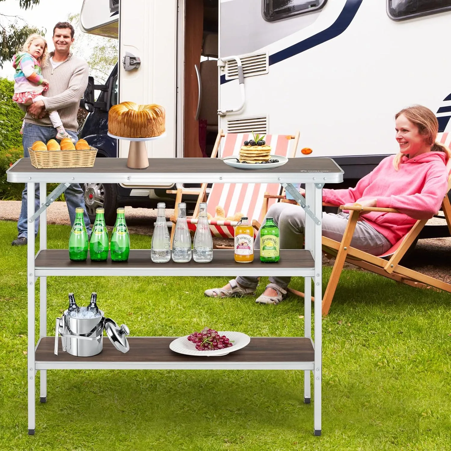Goplus Folding Camping Table, Aluminum Portable Pop-Up Bar Table with 2-Tier Storage Shelves, Removable Cloth Cover, Foldable Camp Table for Picnic, Tailgate, Party, Travel, Outdoor