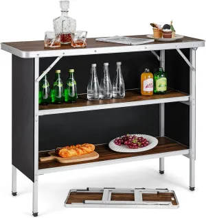 Goplus Folding Camping Table, Aluminum Portable Pop-Up Bar Table with 2-Tier Storage Shelves, Removable Cloth Cover, Foldable Camp Table for Picnic, Tailgate, Party, Travel, Outdoor