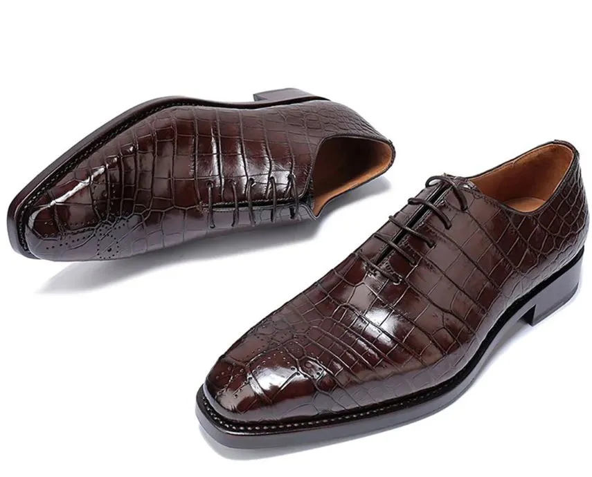 Handmade Men Alligators Shoes Men Brown Crocodile texture oxford style Shoe