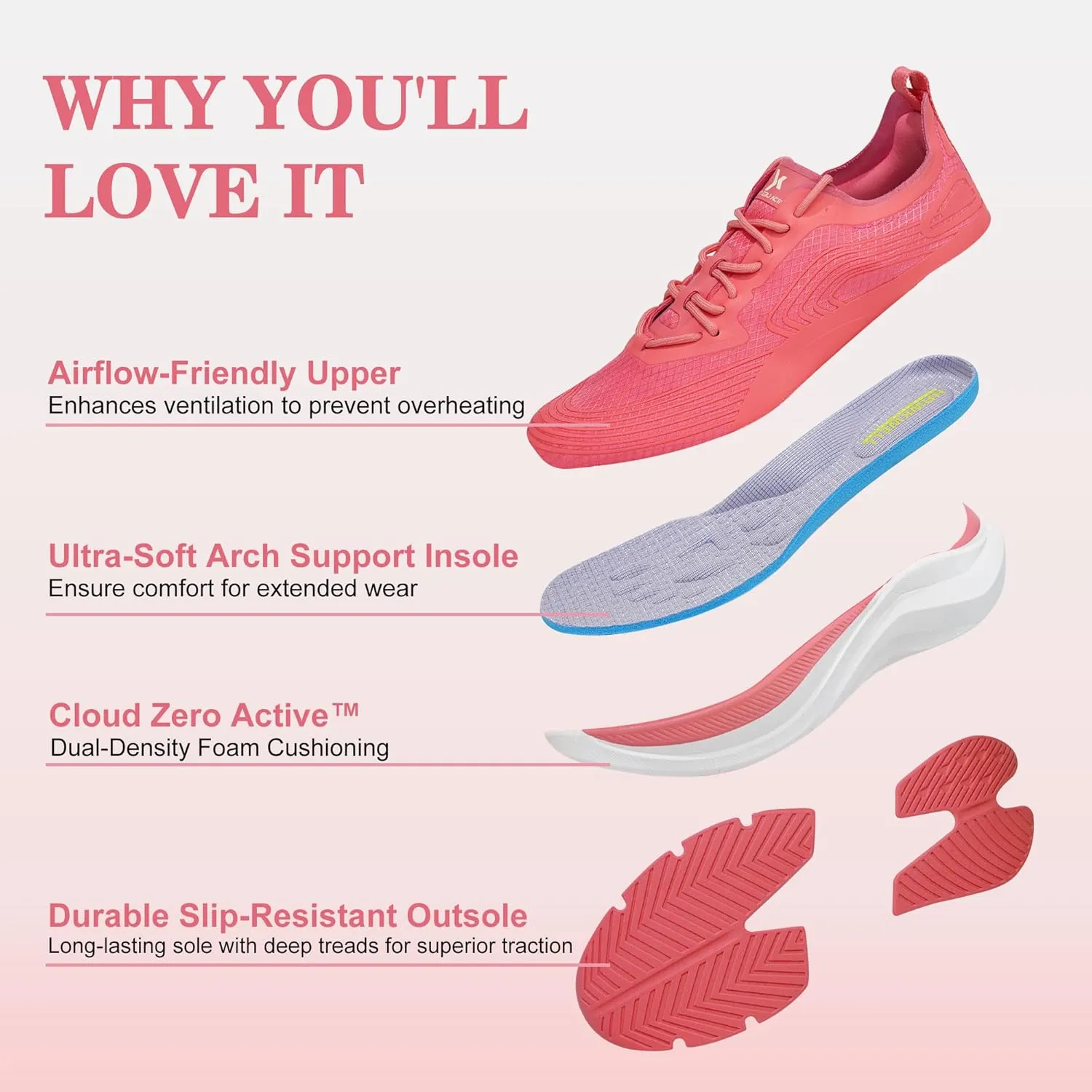 Hawkwell Women's Cloud Zero Active Walking Shoes Cushion Breathable Running Tennis Workout Gym Sports Athletic Fashion Sneakers