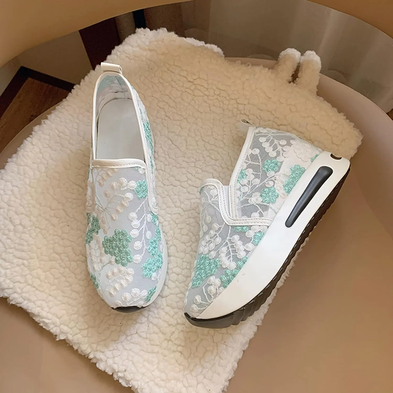 Hbeylia Platform Wedge Fashion Sneakers for Women Embroidery Floral Mesh Air Lace Chunky Sole Hidden High Heels Slip On Loafers Walking Work Shoes Arch Support Low Top Play Sneakers Loafers