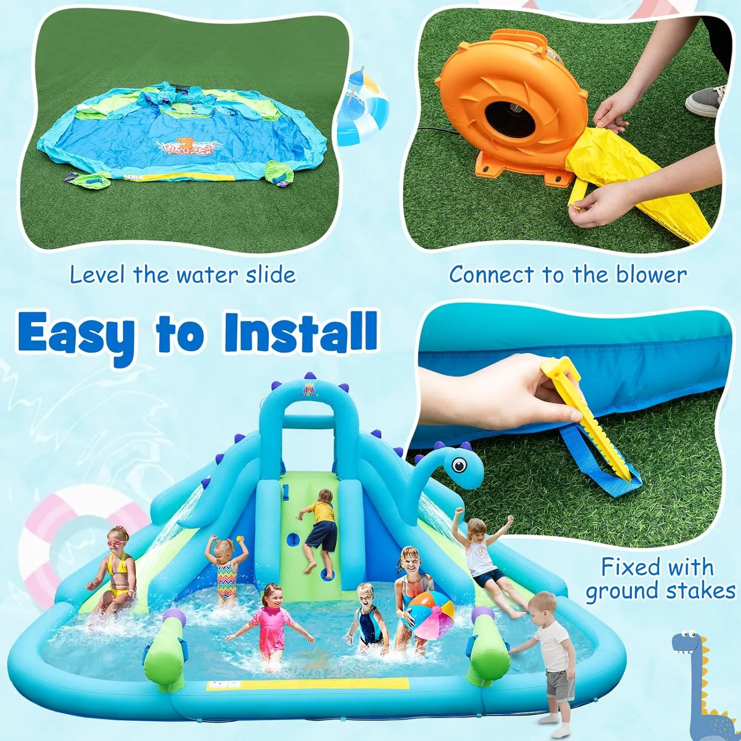 HONEY JOY Inflatable Water Slide, Dinosaur Water Bounce House Park for Kids and Adults Outdoor, Dual Slides & Splash Pool, Wet Dry Combo Blow up Waterslides Inflatable for Backyard(Without Blower)