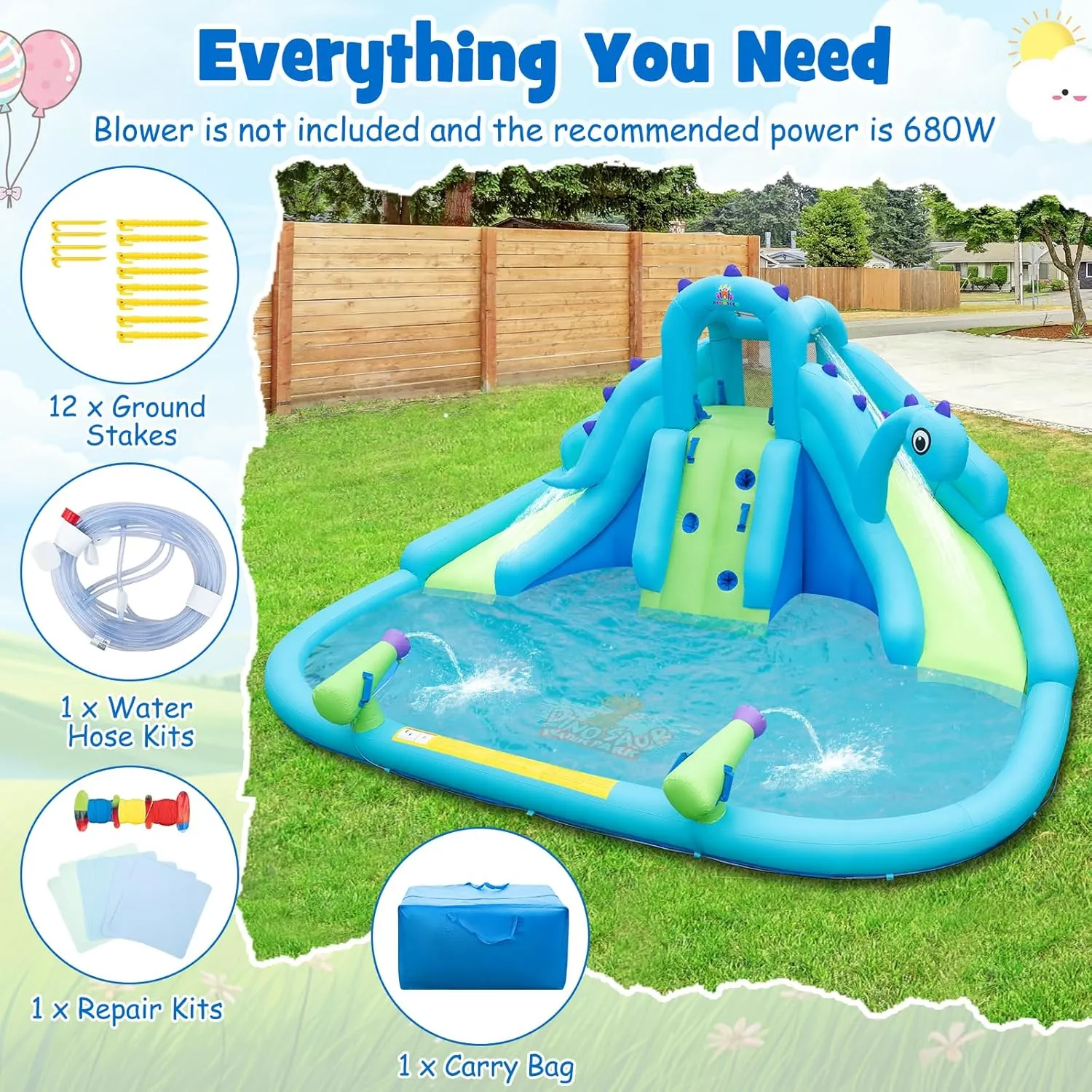 HONEY JOY Inflatable Water Slide, Dinosaur Water Bounce House Park for Kids and Adults Outdoor, Dual Slides & Splash Pool, Wet Dry Combo Blow up Waterslides Inflatable for Backyard(Without Blower)