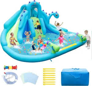 HONEY JOY Inflatable Water Slide, Dinosaur Water Bounce House Park for Kids and Adults Outdoor, Dual Slides & Splash Pool, Wet Dry Combo Blow up Waterslides Inflatable for Backyard(Without Blower)