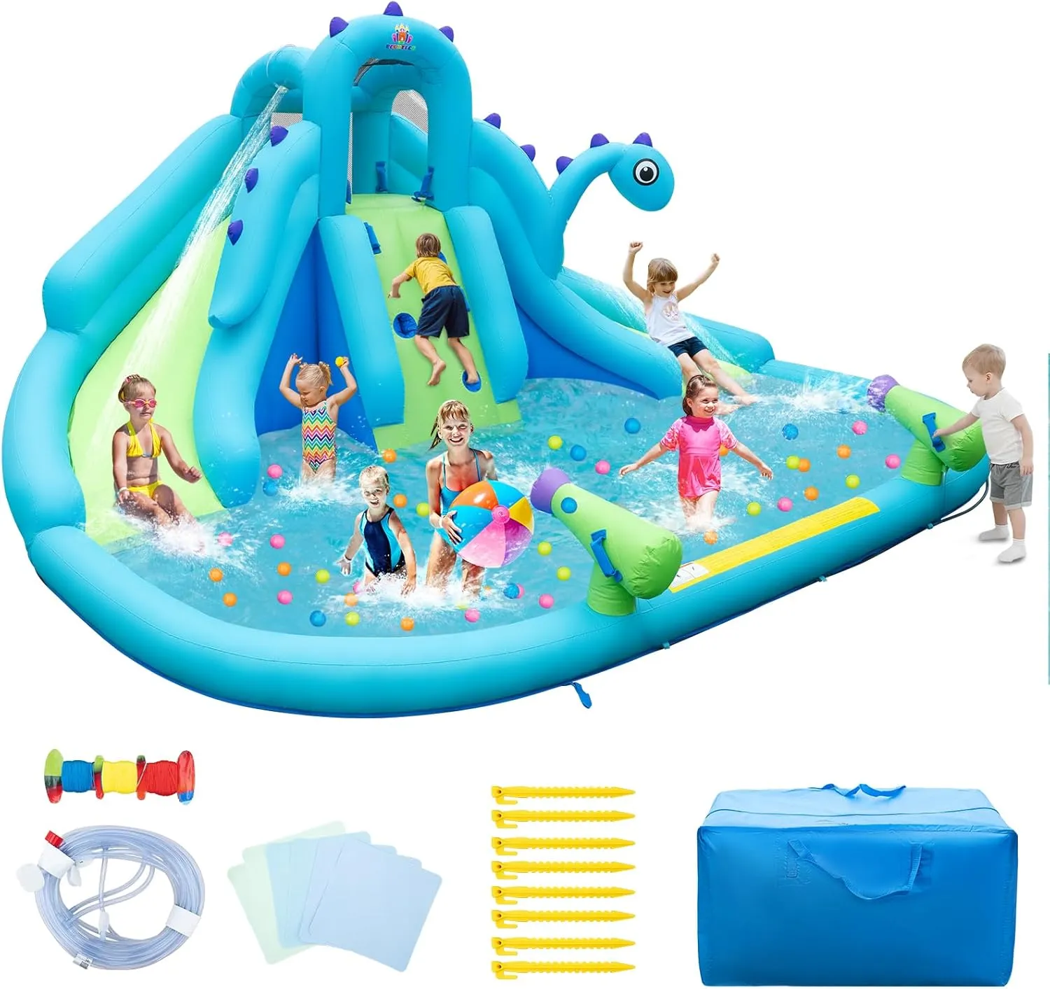 HONEY JOY Inflatable Water Slide, Dinosaur Water Bounce House Park for Kids and Adults Outdoor, Dual Slides & Splash Pool, Wet Dry Combo Blow up Waterslides Inflatable for Backyard(Without Blower)