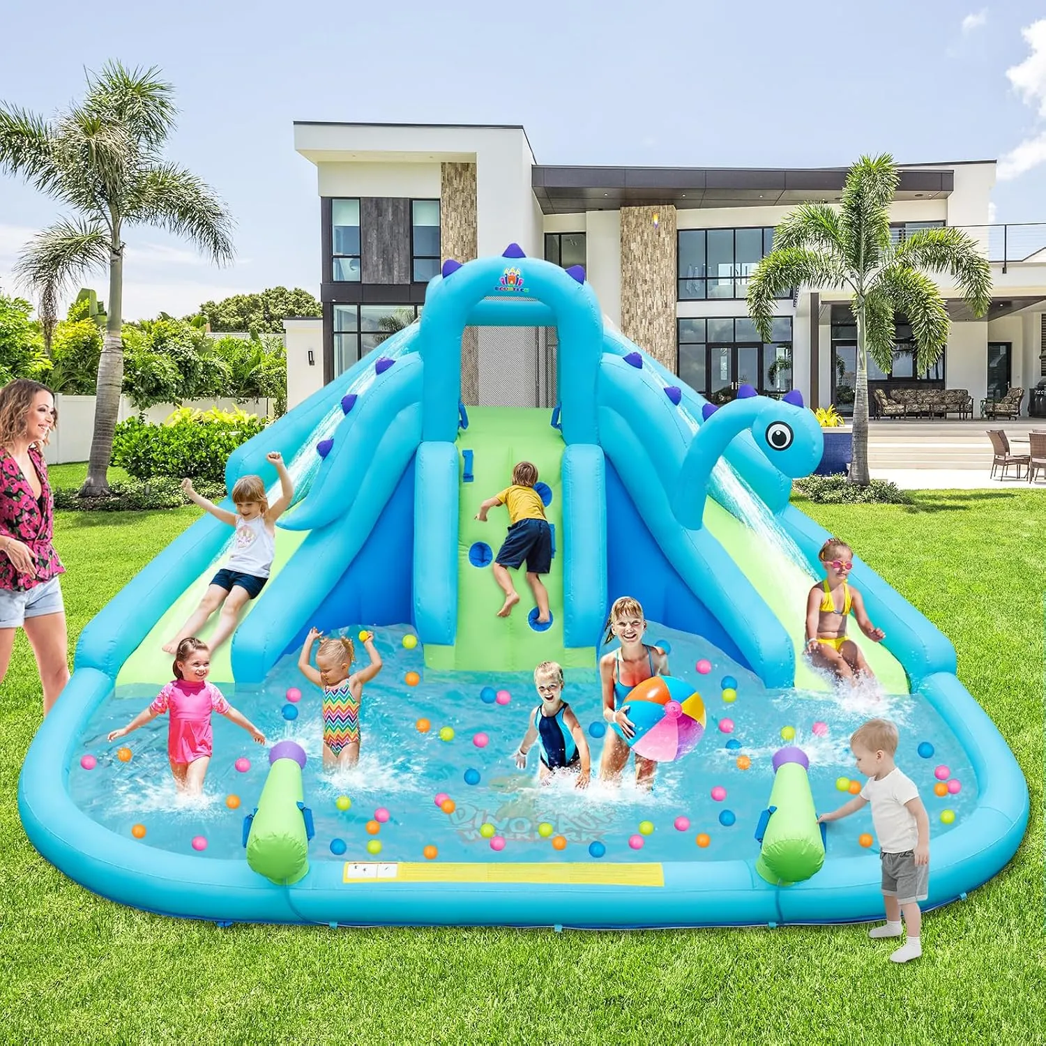 HONEY JOY Inflatable Water Slide, Dinosaur Water Bounce House Park for Kids and Adults Outdoor, Dual Slides & Splash Pool, Wet Dry Combo Blow up Waterslides Inflatable for Backyard(Without Blower)