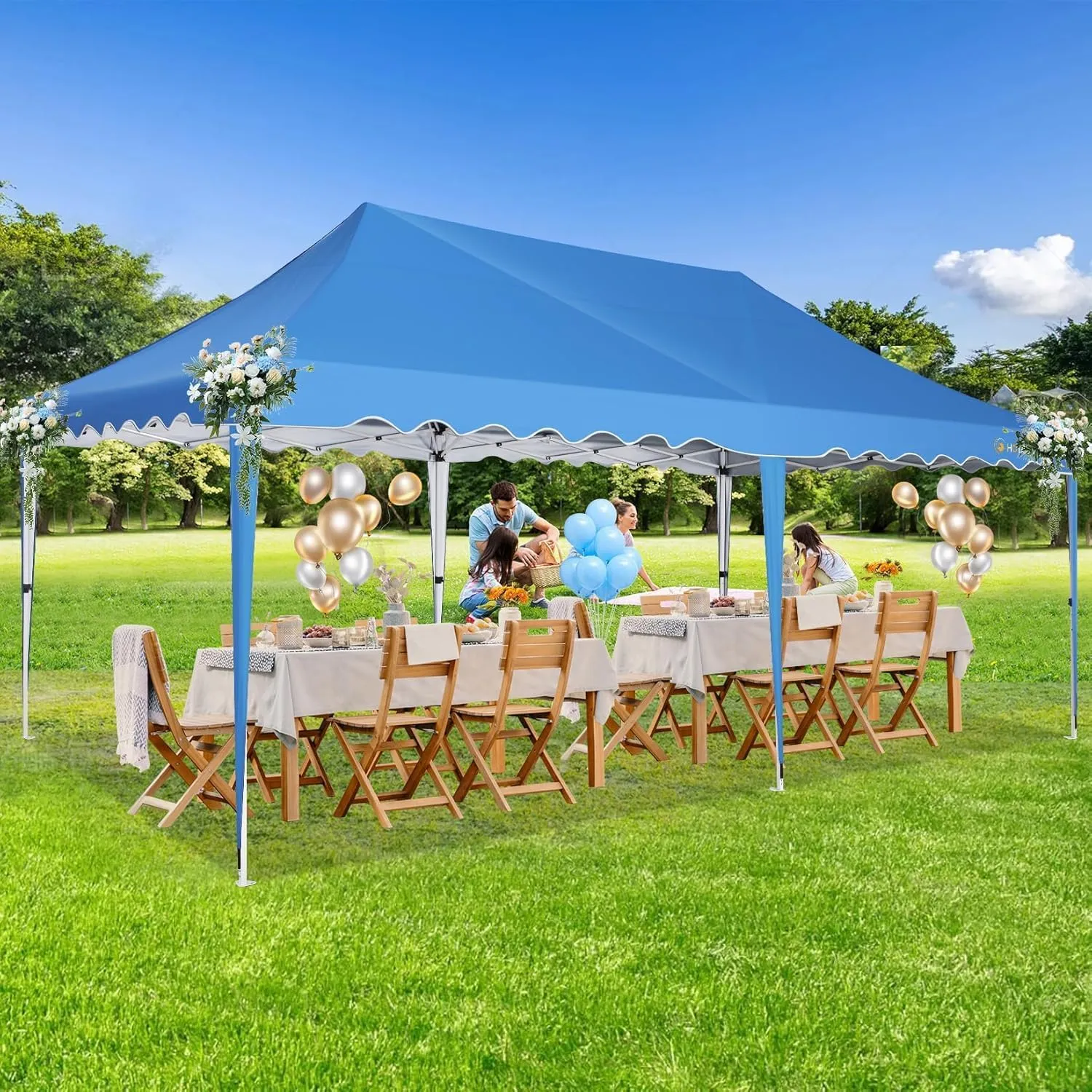 HOTEEL 10x20 Pop Up Canopy, Easy Up Outdoor Party Tent with Wheeled Bag & Curled Edge, 20% Thicker Cross Tubes, Canopy Event Tents for Parties, Wedding, Backyard, Camping, Blue