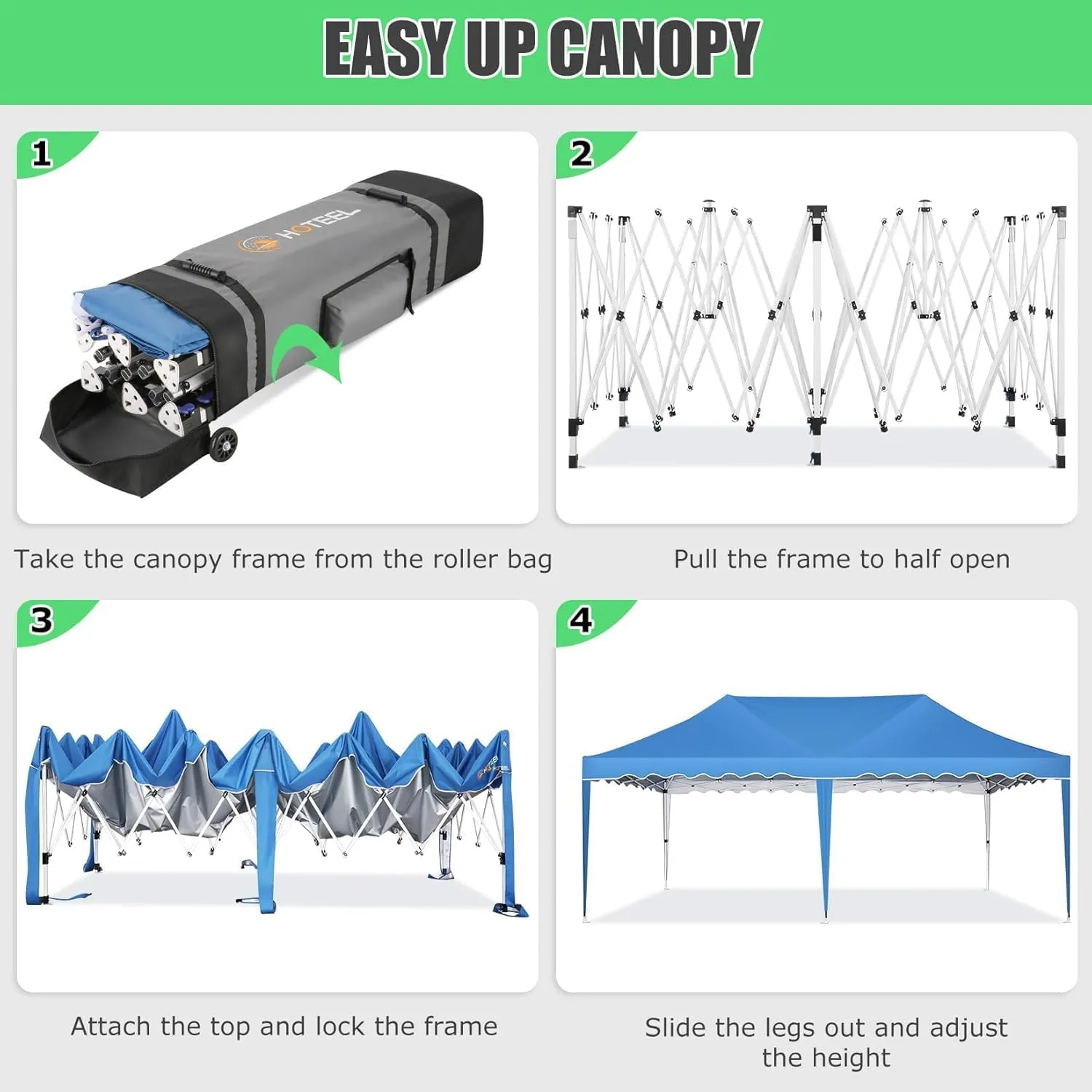 HOTEEL 10x20 Pop Up Canopy, Easy Up Outdoor Party Tent with Wheeled Bag & Curled Edge, 20% Thicker Cross Tubes, Canopy Event Tents for Parties, Wedding, Backyard, Camping, Blue