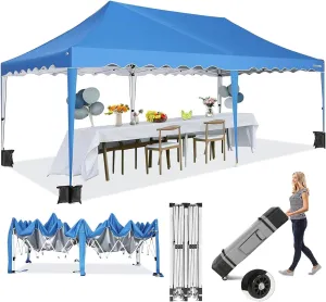 HOTEEL 10x20 Pop Up Canopy, Easy Up Outdoor Party Tent with Wheeled Bag & Curled Edge, 20% Thicker Cross Tubes, Canopy Event Tents for Parties, Wedding, Backyard, Camping, Blue