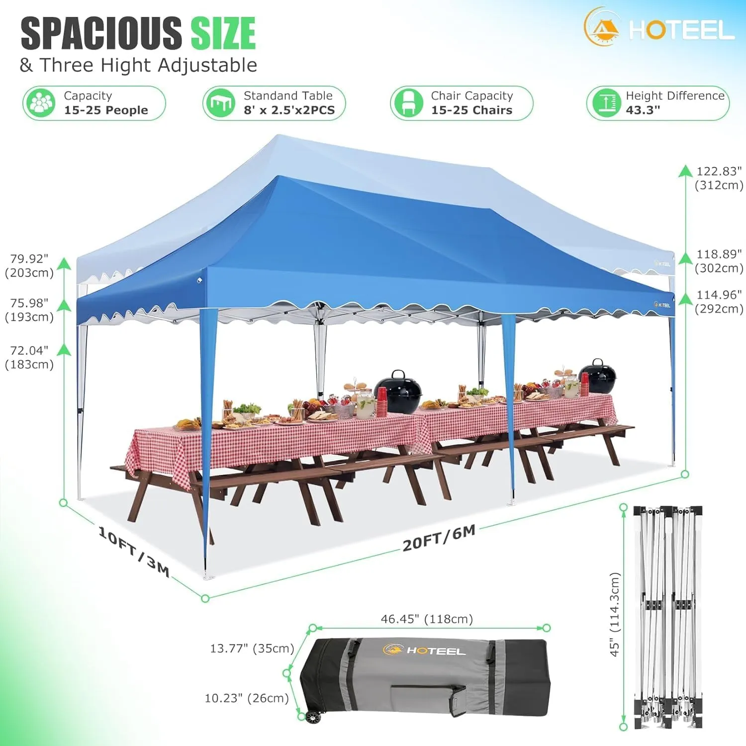 HOTEEL 10x20 Pop Up Canopy, Easy Up Outdoor Party Tent with Wheeled Bag & Curled Edge, 20% Thicker Cross Tubes, Canopy Event Tents for Parties, Wedding, Backyard, Camping, Blue