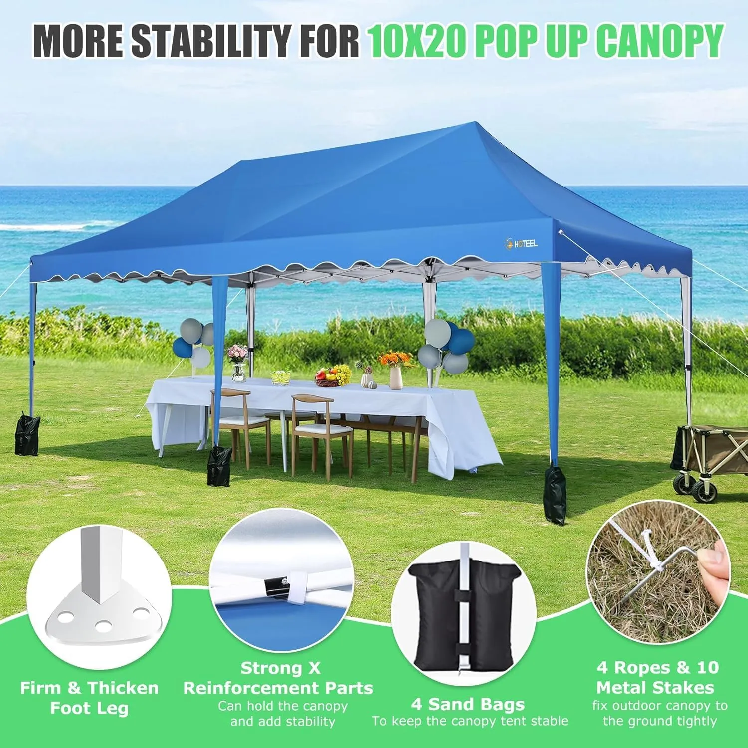 HOTEEL 10x20 Pop Up Canopy, Easy Up Outdoor Party Tent with Wheeled Bag & Curled Edge, 20% Thicker Cross Tubes, Canopy Event Tents for Parties, Wedding, Backyard, Camping, Blue