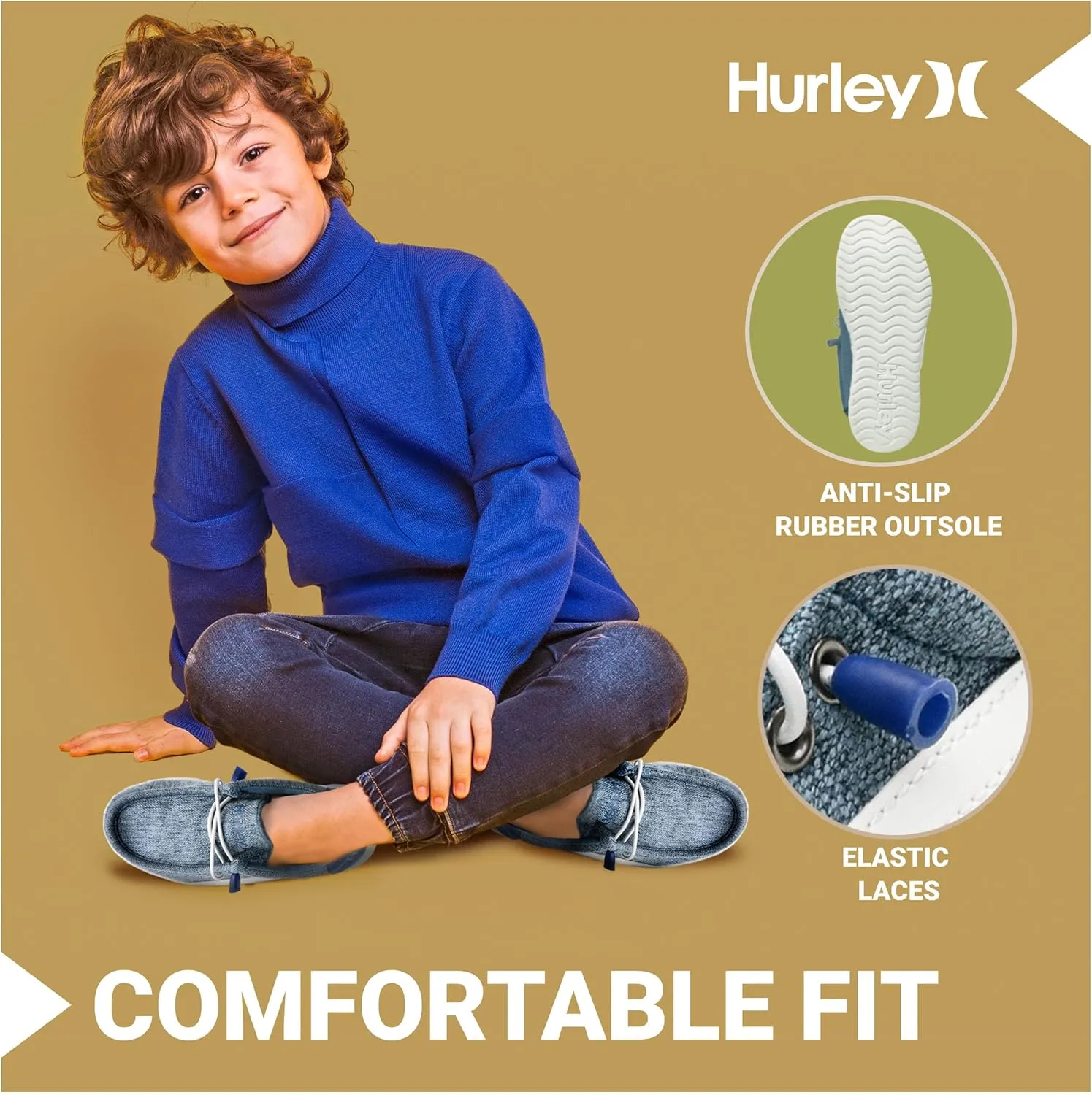 Hurley Kids Elastic Lace Loafers, Canvas Shoes for Boys & Girls - Comfortable, Durable, Stylish - Kid's Fashion Sneakers, Wide Toe Shoes for Everyday Wear