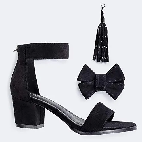 J. Adams April Heels for Women - Ankle Strap Low Heel Sandals with Removeable Bow & Tassel