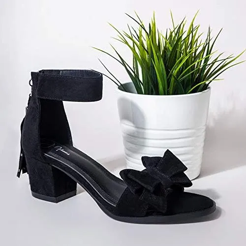 J. Adams April Heels for Women - Ankle Strap Low Heel Sandals with Removeable Bow & Tassel